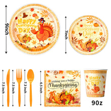 Load image into Gallery viewer, 82PCS Thanksgiving Party Supplies Set, Maple Leaf Banner, Disposable Paper Plates, Cups, Tablecloth, Honeycomb Centerpieces &amp; Balloons for Fall Harvest Party, Thanksgiving Dinner &amp; Autumn Holiday Decorations
