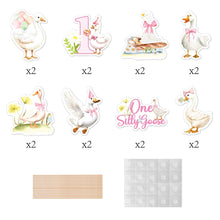 Load image into Gallery viewer, GDGDTOO One Silly Goose Glitter Letter Banner, White Goose Themed Party Banner with Hanging Swirls &amp; Cupcake Toppers, Pink Glitter Wall Banner Decor, Indoor Outdoor Photo Backdrop Celebration Party Supplies
