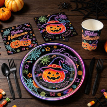 Load image into Gallery viewer, 82PCS Neon Halloween Party Supplies Set, Pumpkin Head Disposable Paper Plates, Tablecloth &amp; Banner Bunting for Spooky Halloween Party, Haunted House, Trick or Treat &amp; Holiday Decorations
