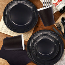 Load image into Gallery viewer, 90PCS Black Halloween Party Supplies Set, Spooky Halloween Decorations with Disposable Paper Plates, Cups, Napkins, Forks, Knives &amp; Spoons, Black Theme Tableware Kit for Halloween Birthday, Costume Party &amp; Holiday Celebration
