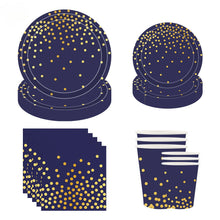 Load image into Gallery viewer, 96PCS Dark Blue Gold Foil Polka Dot Disposable Party Tableware Set Serves 24 Guests, Paper Plates Paper Cups Napkins Elegant Birthday Party Supplies
