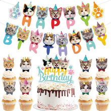 Load image into Gallery viewer, GDGDTOO Cute Cat Happy Birthday Banner, Paw Print Pet Party Banner with Cake Topper &amp; Cupcake Toppers, Kitten Themed Wall Banner Decor, Indoor Outdoor Photo Backdrop Birthday Party Supplies
