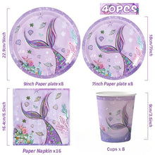 Load image into Gallery viewer, 40PCS Dreamy Purple Mermaid Disposable Tableware Set, Mermaid Themed Paper Plates Napkins Cups Kit, Under The Sea Party Decor Supplies for Birthday, Baby Shower, Ocean Theme Celebration Table Layout Ornaments
