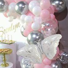 Load image into Gallery viewer, 130PCS Pink &amp; White Balloon Garland Arch Kit, Pastel Pink &amp; Silver Balloons with Butterfly Decorations for Birthday, Wedding, Bridal Shower, Gender Reveal &amp; Photo Backdrop
