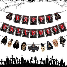 Load image into Gallery viewer, Halloween Horror Skull Hanging Pull Flag Banner, Gothic Skeleton Garland Bunting Decor, Creepy Atmosphere Layout Supplies for Indoor Home, Bar, Window, Halloween Costume Party &amp; Ghost Festival Scene Decoration
