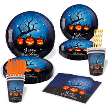 Load image into Gallery viewer, 90PCS Spooky Halloween Disposable Tableware Party Supplies Set, Halloween Themed Paper Plates, Paper Cups &amp; Napkins Kit, Creepy Horror Scene Decorations for Friend Gathering, Haunted House, Halloween Birthday Indoor Table Layout Ornaments
