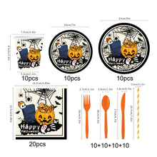 Load image into Gallery viewer, 90PCS Halloween Graveyard Party Supplies Set, Spider Web &amp; Pumpkin Halloween Decorations with Disposable Paper Plates, Cups, Napkins, Straws &amp; Cutlery, Spooky Tableware Kit for Haunted House &amp; Halloween Party

