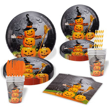 Load image into Gallery viewer, 90PCS Halloween Themed Disposable Tableware Party Supplies Set, Spooky Paper Plates, Napkins, Paper Cups and Cutlery Kit, Halloween Holiday Table Decorations for Haunted House &amp; Halloween Birthday Scene Atmosphere Layout Ornaments
