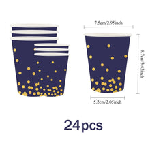 Load image into Gallery viewer, 96PCS Dark Blue Gold Foil Polka Dot Disposable Party Tableware Set Serves 24 Guests, Paper Plates Paper Cups Napkins Elegant Birthday Party Supplies
