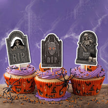 Load image into Gallery viewer, 8PCS Halloween Tombstone Cake Toppers, RIP Skull Graveyard Cupcake Picks, Spooky Ghost Festival Dessert Decor Supplies
