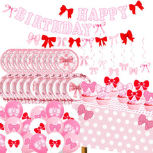 Load image into Gallery viewer, 71pcs Pink Bow Themed Party Decorations Set Serves 24, Bow Birthday Supplies with Plates, Napkins, Cups, Banner, Tablecloth, Cake Toppers, Balloons for Birthday Baby Shower Decorations

