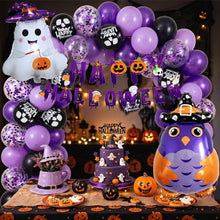 Load image into Gallery viewer, 58PCS Halloween Balloon Garland Kit, Black Purple Latex Balloon Arch Set with Backdrop Decorations, Spooky Halloween Party Supplies for Haunted House Decor
