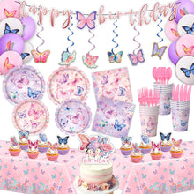 Load image into Gallery viewer, Party decoration in Colombia Party decoration in Colombia Butterfly Theme Birthday Party Supplies Set Lace Paper Plates Cups Tablecloth Banner Decorations for Girls Birthday Party Decorations
