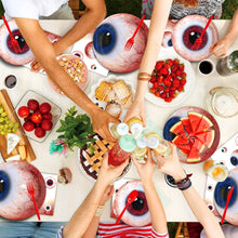 Load image into Gallery viewer, 52PCS Halloween Eyeball Party Supplies Set, Spooky Horror Theme Decorations with Disposable Paper Plates, Eyeball Banner Bunting &amp; Cake Toppers for Haunted House, Costume Party &amp; Halloween Celebration
