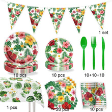 Load image into Gallery viewer, 82PCS Hawaiian Tropical Party Supplies Set, Palm Leaf Disposable Paper Plates, Cups, Tablecloth, Birthday Banner &amp; Pennant Flags for Luau Birthday Party &amp; Summer Celebration Decorations
