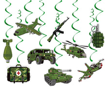 Load image into Gallery viewer, GDGDTOO Camo Military Happy Birthday Banner, Army Camouflage Party Banner with Hanging Swirls &amp; Cake Topper Cupcake Picks, Tactical Vehicle Themed Wall Banner Decor, Indoor Outdoor Birthday Photo Backdrop Party Supplies
