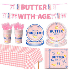Load image into Gallery viewer, Party decoration in Colombia Party decoration in Colombia Pink Bow Butter Theme Party Supplies Set Disposable Tableware Napkins Cups Banner Tablecloth for Birthday Party Decorations
