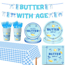 Load image into Gallery viewer, Party decoration in Colombia Party decoration in Colombia Blue Butter Theme Party Supplies Set Blue Bow Tablecloth Banner Decorations for Birthday Party Table Centerpiece Decorations
